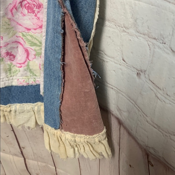 Vtg Upcycled Patchwork Denim Crop Ruffle Overalls Floral  Cottagecore  XL - Picture 7 of 10